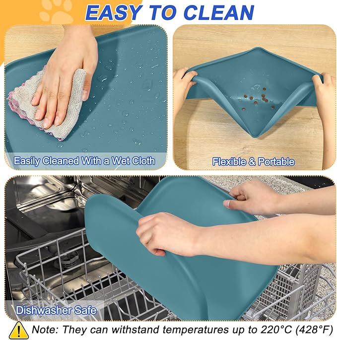 SMILOOL Waterproof Silicone Pet Food Mat with Raised Edge for Dog & Cat | 24" x 16" Non-Slip Pet Feeding Mats with Lip for Food & Water Bowl, Food Grade, Easy Cleaning, Salte Blue