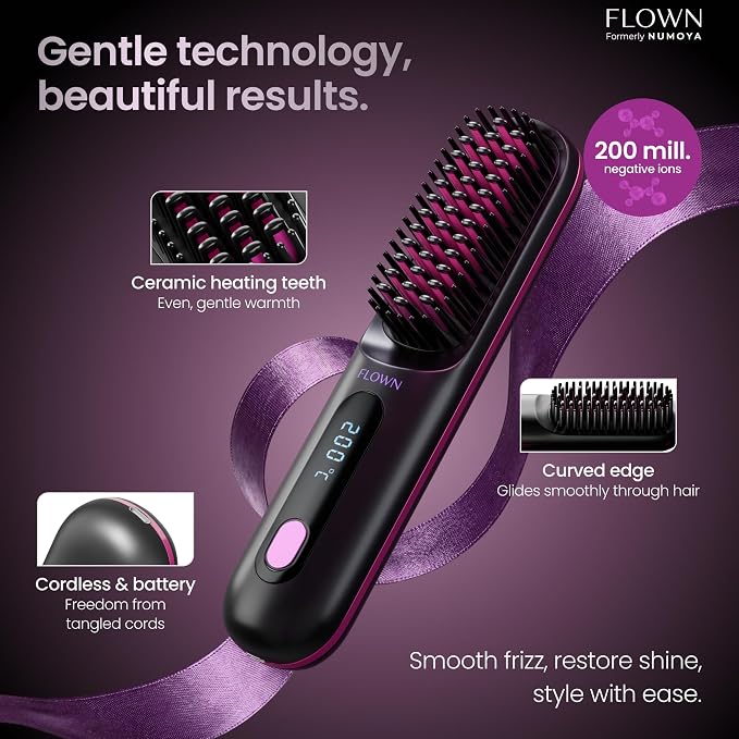FLOWN® Original Go Brush PRO [Five Minutes Hair Styling Routine] - No Damage Heat Brush with USB-C Charger - Electric Travel Pocket Brush for All Hair Types - Black (Formerly Numoya)