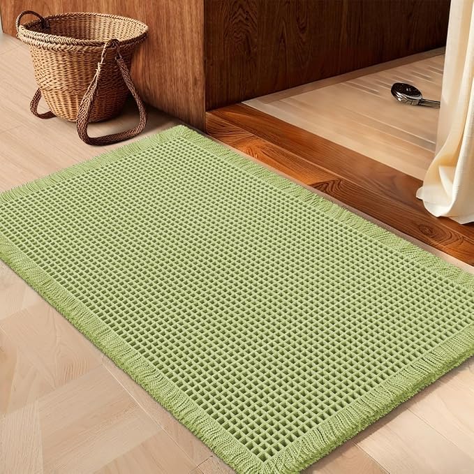 IM HOME Waffle Bath Mat Sage Green 36"x24", Boho Woven Modern Bath Mat Rugs, Absorbent Non Slip Bathroom Rugs, Soft Washable Bath Rugs with Tassels for Bathroom, Bedroom, Kitchen, Shower, Tub