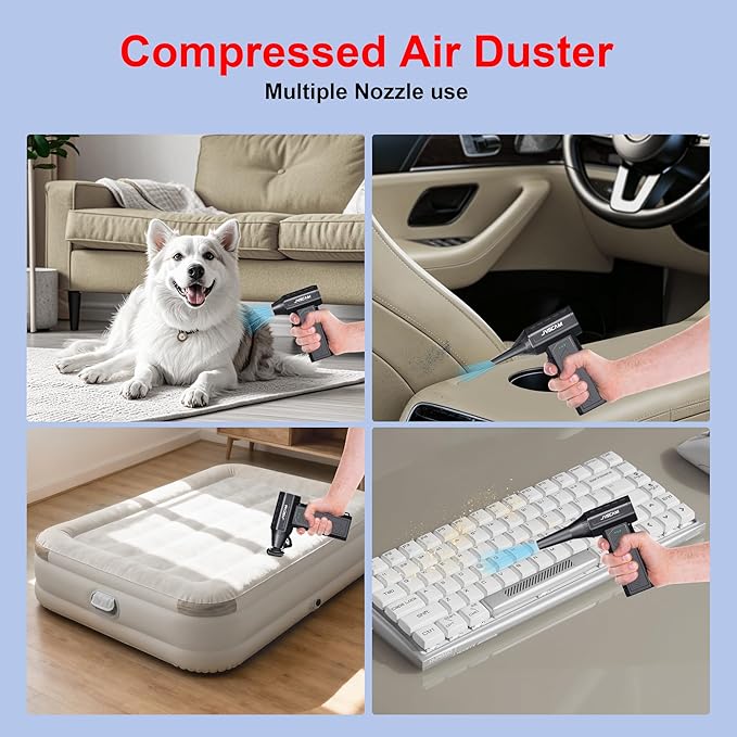 JVSCAM Compressed Air Duster,150000RPM Electric Air Duster, Vacuum Cleaner & Bag Vacuum 3-in-1, Rechargeable with 3-Gear Adjustable Wind Speed for Keyboard,Computer,Car,Home and Storage Bag Sealing