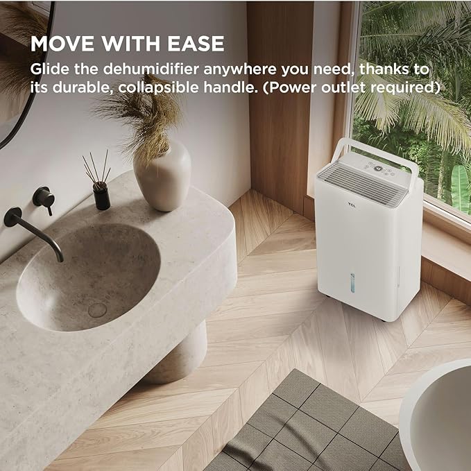 TCL 32-Pint Capacity Quiet, Energy Efficient Portable Dehumidifier, Precise Humidity Control, Bucket or Continuous Drain, Compact Humidity Absorber for Home, Attic, Garage & Rooms up to 3000 Sq Ft
