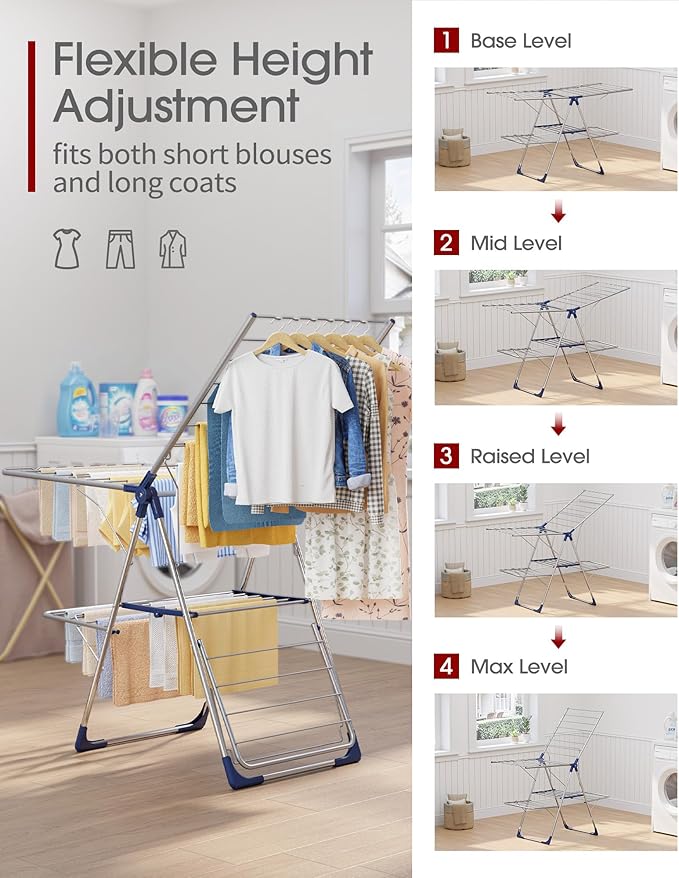 Sakugi Clothes Drying Rack, Foldable 2-Level Laundry Drying Rack with Height-Adjustable Wings, for Clothing & Bedding, Free-Standing Space-Saving Rack, Indoor & Outdoor, 55.5"L × 22.8"W, Silver Blue