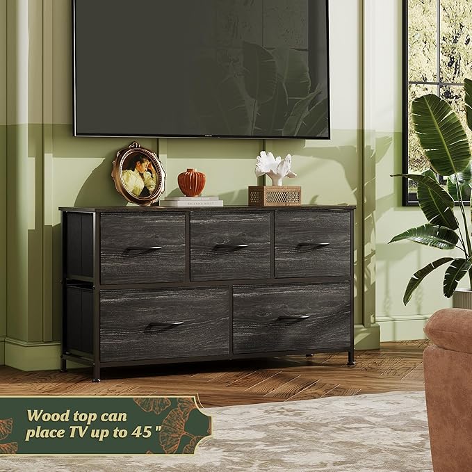 WLIVE Wide Dresser for Bedroom, 5 Drawer Chest of Drawers, Black Wood Grain | 5 roomy fabric drawers, Wide storage design, Bedroom or closet use, Sturdy steel frame, Smooth wood tabletop