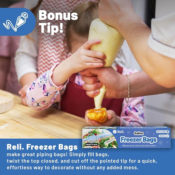 Reli. Gallon Freezer Bags (300 Count) 10.6x10.75 inch Freezer Bags 1 Gallon | Double Zipper Large Size | Press to Seal, Write on Label (1Gal)