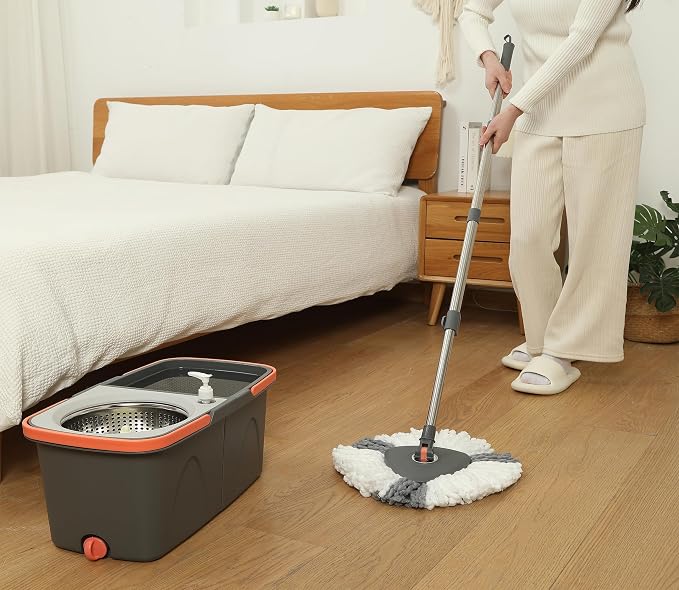 Spin Mop and Detachable Bucket Set with 5 Reusable Microfiber mop Head Dual-Chamber Water System Spining Mop Floor Cleaning Kit for Hardwood Tile Laminate Floors (Gray)