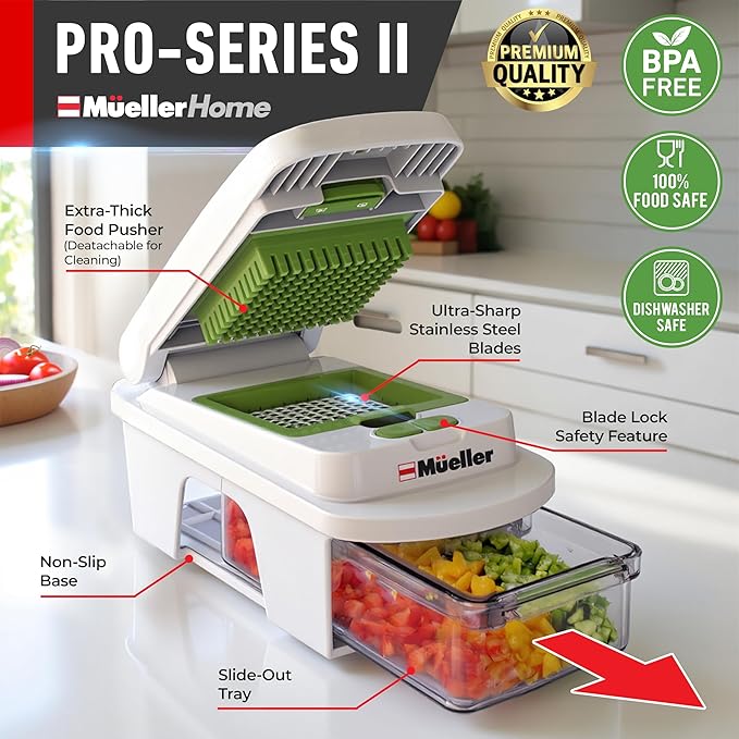 MUELLER HOME Pro-Series All-in-One, 12 Blade Mandoline Slicer for Kitchen, Food Chopper, Cucumber Slicer and Spiralizer, Cutter, Dicer, Grater, Gifts for Mom, Kitchen Essentials, White Sand/Green