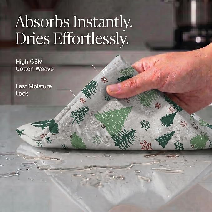 Urban Villa Kitchen Towels Christmas Green Trees Print Premium Quality,100% Cotton Dish Towels Mitered Corners Ultra Soft (Size: 20X30 Inch) Highly Absorbent Bar Towels & Tea Towels - (Set of 6)