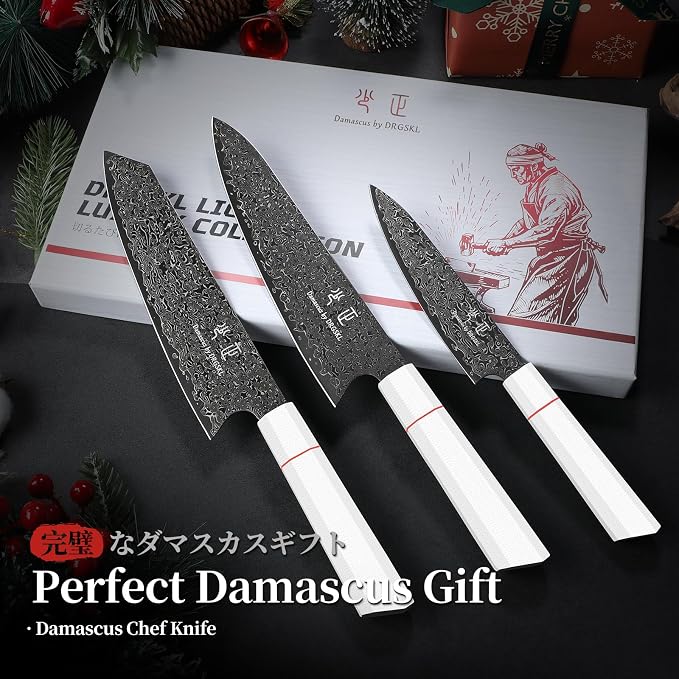 DRGSKL Japanese Knife Set Damascus - VG10 Kitchen Knife Set 3 PCS | Japanese VG10 Core, Black Anti-corrosion Coating, Damascus Blade, G10 Handle, Gift Box, Wet Edge Grinding Technology