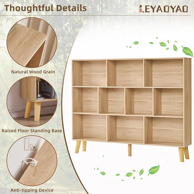 LEYAOYAO 10 Cube Bookshelf,Mid-Century Modern Bookcase with Legs,Light Wood | 3 Tier Book Shelf, 55" Wide Rustic Wood Bookshelves Large Storage Organizer, Open Shelves for Bedroom, Living Room, Office