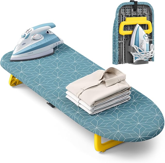 Foldable Small Ironing Board Tabletop, Mini Iron Board Small, Table top mini Ironing Boards Small with Cover pad, Compact Portable Travel Iron and Ironing Boards Set, 12 * 32 Cadet Blue (with Holder)