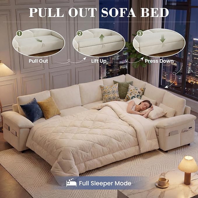 110 Inch Modular Sectional Sleeper Sofa with Pull Out Bed, U Shaped 7 Seat Cloud Modular Sectional Sofa with Storage, Chenille Sectional Couches for Living Room, Removable Sofa Cover, Beige