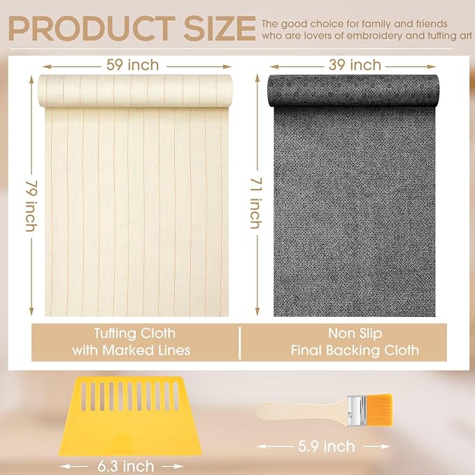 Tudomro 12 Pcs 79'' X 59"，71'' X 39" Monks Cloth for Rug Non Slip Backing | Tufting Backing Cloth with Anti-slip Dots, Includes Cleaning Brush and Scraper for DIY Rug Making, Durable Weave Fabric