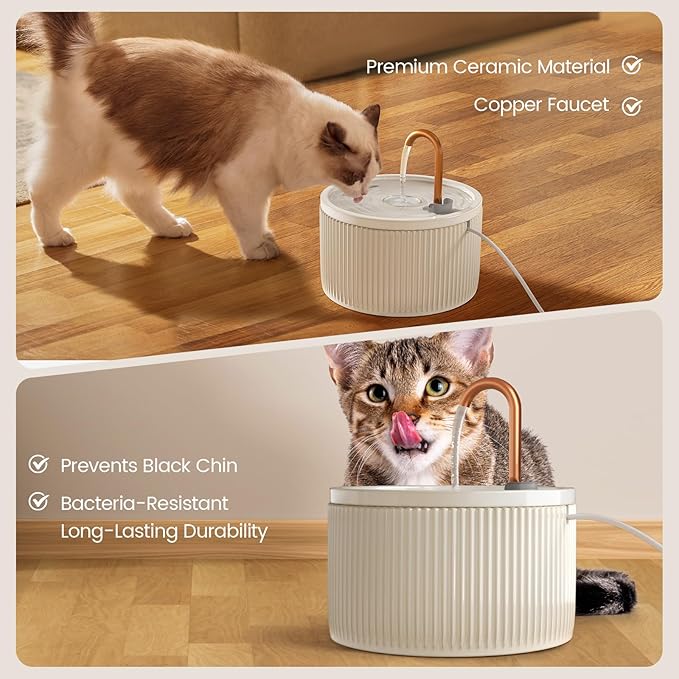 MISFANS Ceramic Cat Water Fountain, All-Ceramic Body, Pure Copper Spout | 2.1L/71oz Capacity, Embossed Design, Under 20dB Pump, Dual Filtration, 2 Flow Modes, Easy-Clean Unit, 3 Filters and Sponge