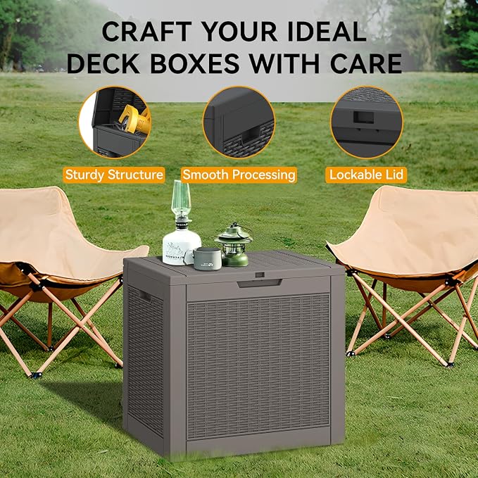29 Gallon Outdoor Storage Box, Resin Deck Boxes Indoor and outdoor, Waterproof Storage Box Lockable Lid for Garden Tools, Package Delivery, Pool Supplies, Patio Cushions, Grey