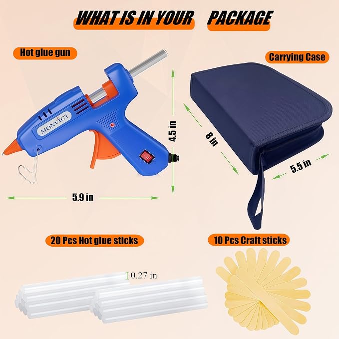 MONVICT Hot Glue Gun Kit, Mini Glue Gun with Carrying Case, 30Watts | 20 Pcs Premium Glue Sticks, 10 Pcs Wood Craft sticks, Fast Preheating Hot Melt Glue Gun for School Crafts DIY Arts Gift