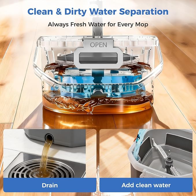 Spin Mop and Bucket Set with Wringer, Hands-Free Floor Mop System | Clean & Dirty Water Separation, Hands-Free Wringing, 360° Spin Mop Head, Detachable Bucket