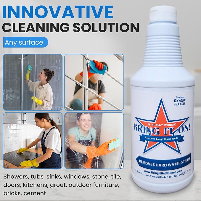 BRING IT ON! CLEANER 2 Pack 32 Oz Hard Water Stain Remover for Glass, Shower Door Cleaner, Soap Scum & Limescale Remover for Tile, Grout, Bathroom & Sink