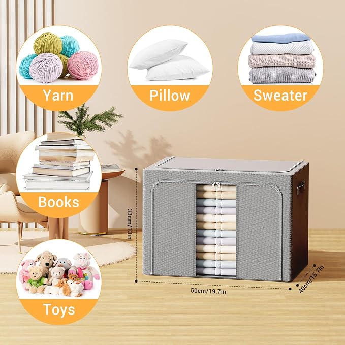 Clothes Storage Bins with Metal Frame, Foldable Clothes Organizers Storage Containers for Clothes, Sheets, Blankets, Pillows and Towels （66L, 3 Pack, Deep Grey
