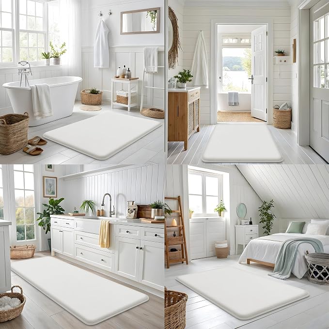 Smiry Memory Foam Bath Mat 47x17, Extra Soft and Absorbent Bathroom Mats, Non Slip Washable Carpet for Floor, Shower and Tub, Ivory White