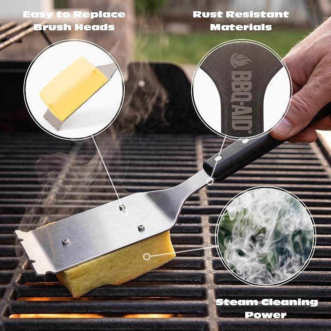 Bristle Free Steam Grill Brush and Scraper for Outdoor Grill, Black | 100% replaceable steam scrub pad, built-in scraper, grill cleaner; no shedding, safe for all grill grates