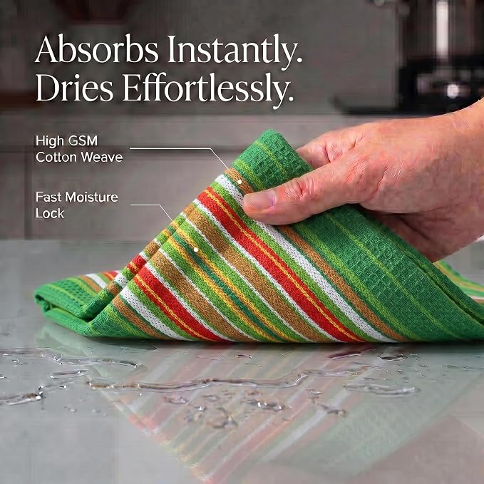 Urban Villa Kitchen Towels Waffle Stripes Dish Towels for Kitchen Leaf Green Set of 6 Kitchen Towels Highly Absorbent Cotton Over Sized 20X30 in with Mitered Corners Kitchen Hand Tea Towels