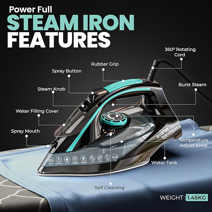 Utopia Home Steam Clothes Iron - 1800W (Black Teal) Non-Stick Soleplate | Nonstick Soleplate With Auto-Off Safety Feature - Adjustable Thermostat Control, Variable Steam Control, Self-Clean, 8ft Cord