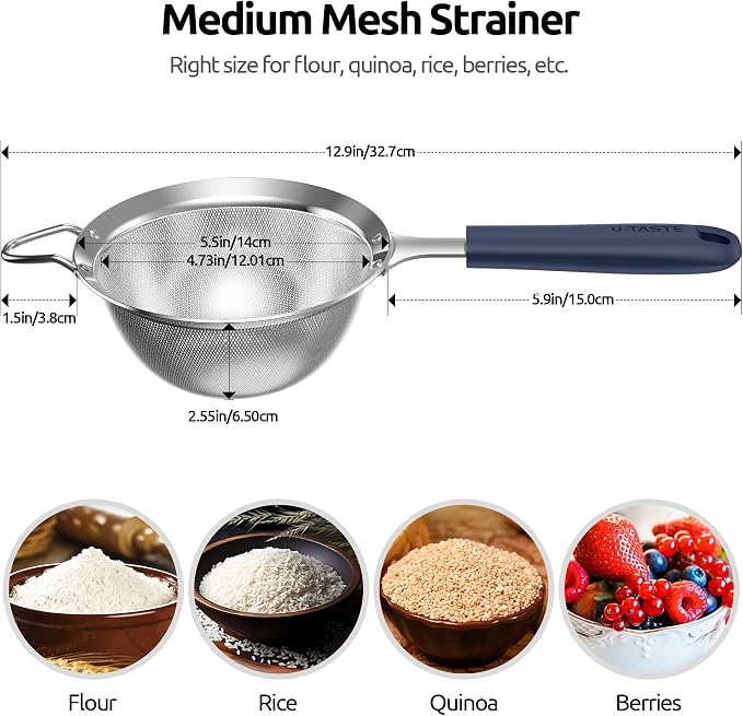 U-Taste 18/8 Stainless Steel Measuring Cups and Spoons (Set of 12, Midnight Blue), and Fine Mesh Strainer with Sturdy Riveted Silicone Handle and Strong Frame (Midnight Blue)
