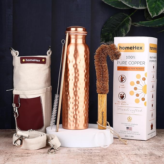 Copper Water Bottle 34 Oz A Hammered Ayurvedic Pure Copper Vessel with Carrying Bag, Straw, Cleaning Brushes Drink More Water, Lower Your Sugar Intake And Enjoy The Health Benefits Immediately