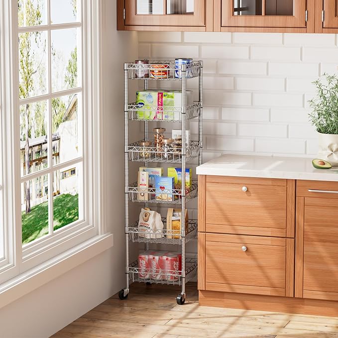 Golpart 6 Shelves Storage Shelf Wire Closet Bathroom Organizers Metal Pantry Kitchen Garage Shelving Unit Laundry Room Organization Home Rack Net Basket Silver with Wheels 14" Dx14 Wx64.8 H