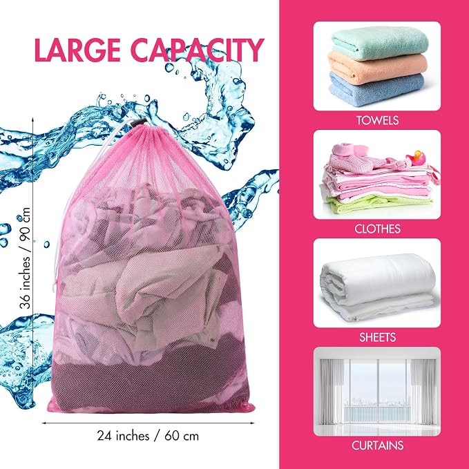 Berlune Large Mesh Laundry Bags, 24 x 36 Inch Bulk Wash Set with Drawstring for Commercial Use, Dorms, Vacation Rentals, Laundromats, Apartments & Facilities(Pink,30)