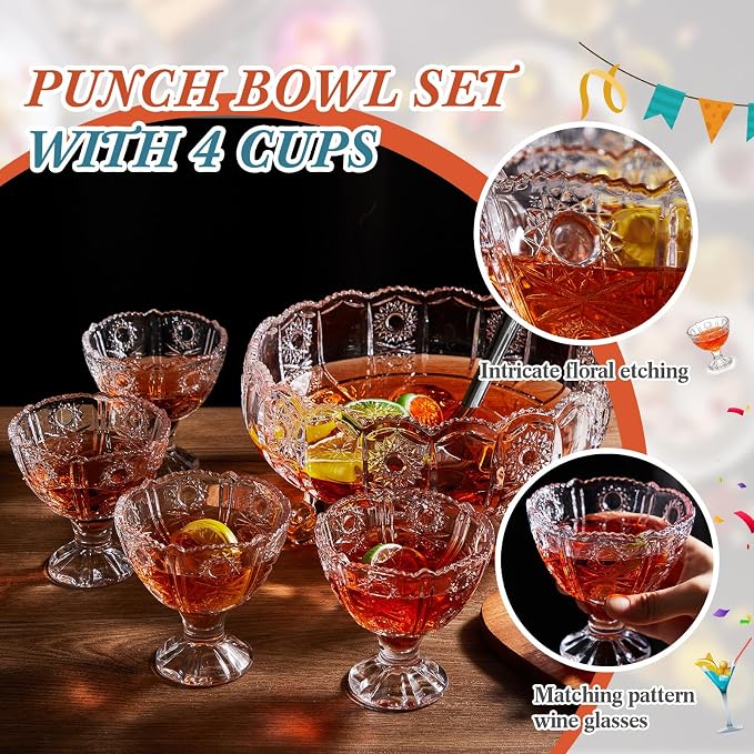 LemonRoad Crystal Glass Punch Bowl Set 1 Large Glass Punch Bowl with Ladle and 4 Cups for Party Wedding Serveware Centerpiece Table Decoration 9.5" x 5.5"(Vintage Style)