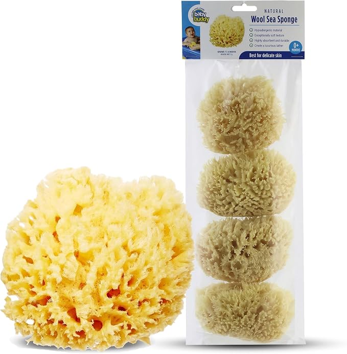 Baby Buddy Absorbent Natural Bath Sponge, Ultra Soft Premium Sea Wool Sponge, Soft On Baby's Tender Skin, Bath Accessories Baby and Kids, Infant Bath, Biodegradable, Hypoallergenic, 4 Pack, 4.5 in