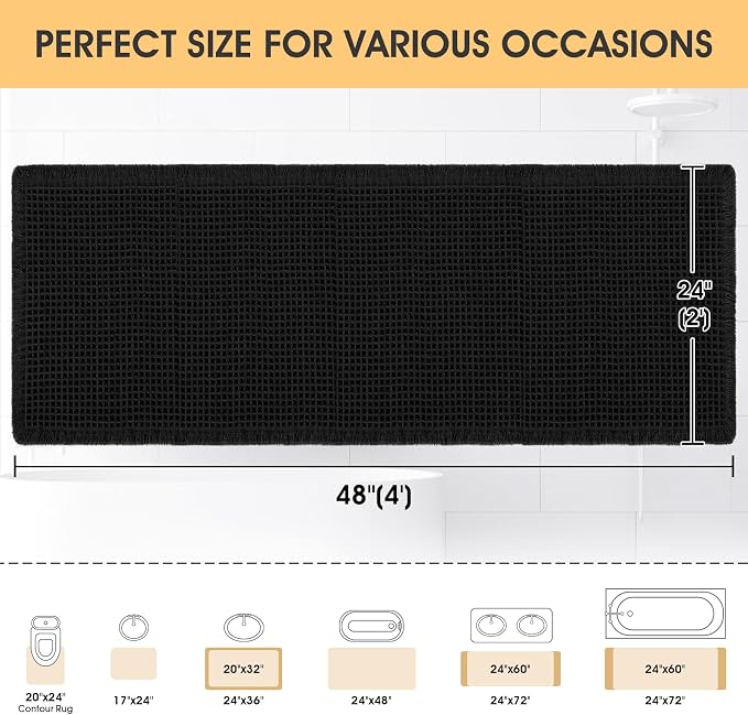 IM HOME Waffle Bath Mat Black 4'x2', Boho Woven Modern Bath Mat Rugs, Absorbent Non Slip Bathroom Rugs, Soft Washable Bath Rugs with Tassels for Bathroom, Bedroom, Kitchen, Shower, Tub
