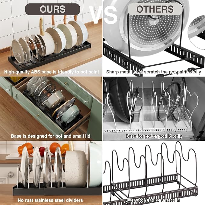 Magheo Expandable Food Storage Container Lid Organizers, 22" Pots and Pans Organizer Under Cabinet with 9 Adjustable Dividers Pot and Pan Lid Holders Rack Inside Cabinet(Black,1 Pack)