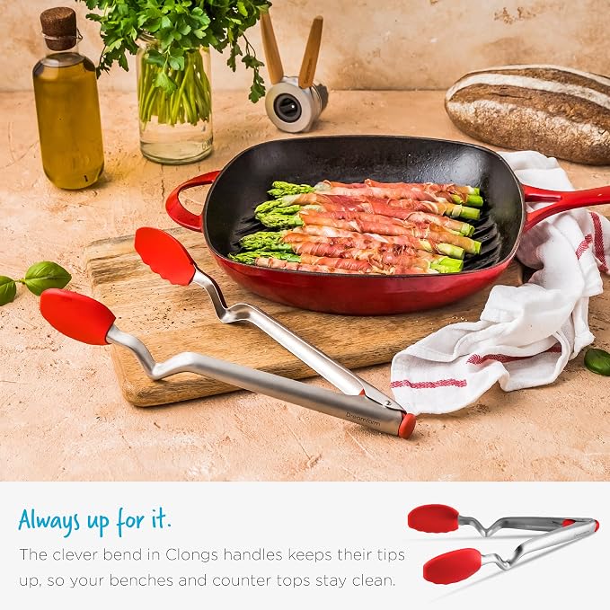 Dreamfarm Clongs Grippy Silicone & Stainless Steel Kitchen Cooking Tongs with Click-Lock Open & Close - 9" Black | Stainless steel, strong-grip non-stick safe tips, one-handed button lock open and close, sit-up handles for mess free benches