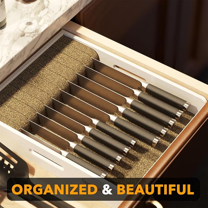 SpaceAid Large Knife Drawer Organizer Bamboo Insert Dock, Kitchen Steak Knives Holder Organizers Block for Drawer in Storage Organization (Large, White)