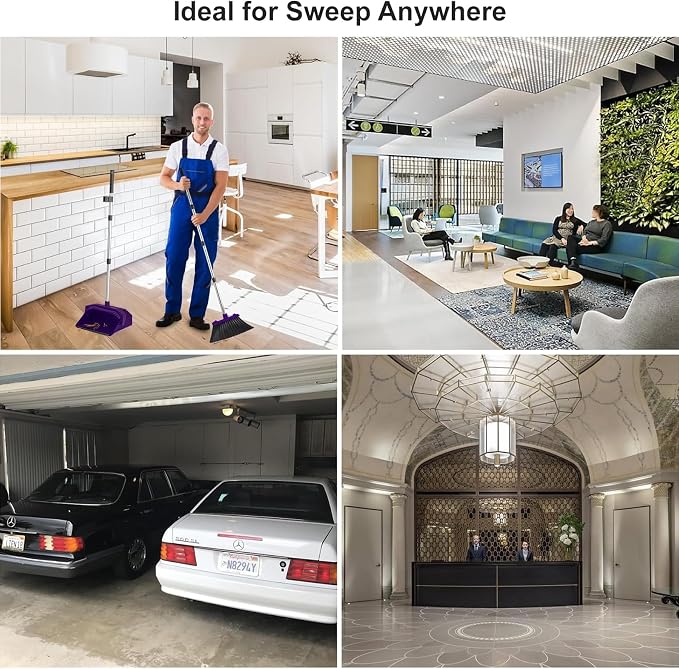Tiumso Broom with Dustpan Combo Set, Broom and Dustpan Set with 51'' Long Handle, Dust Pan and Brooms, ZeroGap Lip, Self-Cleaning Dustpans Teeth for Lobby Kitchen Restaurant - Purple