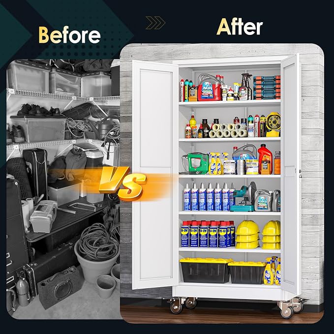 PAOFIN Metal Garage Storage Cabinet with Wheels,Steel Lockable File Cabinets with 2 Doors and 5 Adjustable Shelves,74" H Locking Tool Cabinets for Home Office, Warehouse, Required Assembly,White