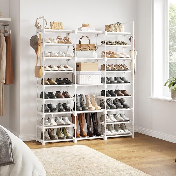 WOWLIVE 9 Tiers Large Shoe Rack White Shoe Rack Organizer for Closet 50-55 Pairs Stackable Heavy Duty Shoe Shelf Shoe Storage with Metal Pipes Plastic Connectors