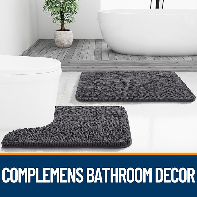 OLANLY Large Bathroom Rugs 70x46, Extra Soft Absorbent Chenille Bath Rugs, Rubber Backing Quick Dry, Machine Washable Bath Mats for Bathroom Floor, Tub and Shower, Home Decor Accessories, Dark Grey