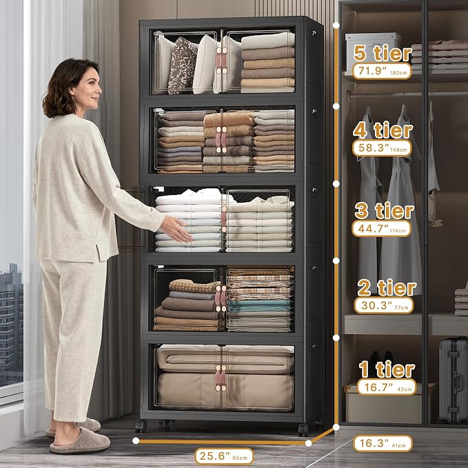 Stackable Storage Bins, 560QT Collapsible Drawers with 1 Lid | Large Capacity, Magnetic Door, Stack Lock, Rolling Wheels, Foldable Design, Organizers and Storage for Bedroom Dorm Garage