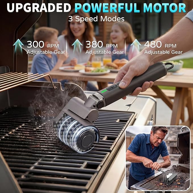 Electric Grill Brush for Outdoor - 3-Speed & Angle Adjust Cordless Rotary Grill Brush - 2026 NEW BBQ Grill Cleaner with 3 Heads - 180Mins Runtime Grill Cleaning Brush for Barbecue Grates