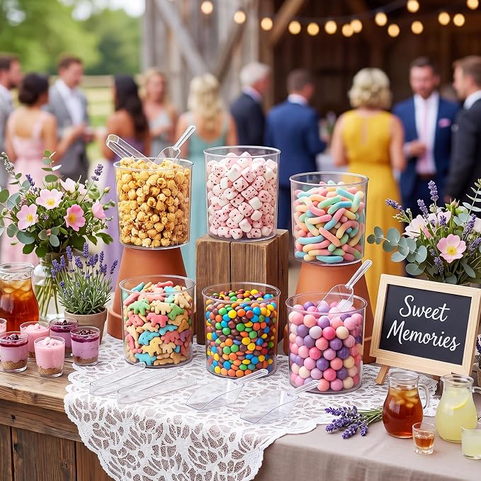 115 oz 6 Plastic Candy Bar Containers with 3 Tongs and 3 Scoops | Candy Party Supplies, Reusable Buckets for Candy Buffet Station, Weddings Birthday Dessert Snack Serving Bowls
