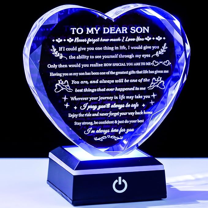 Arikyrist Meaningful Son Gifts with Coloful LED Base Inspirational to My Son Crystal Keepsake for Graduation Birthday Gifts for Adult Sons from Mom Dad on Fathers Day Christmas Valentines