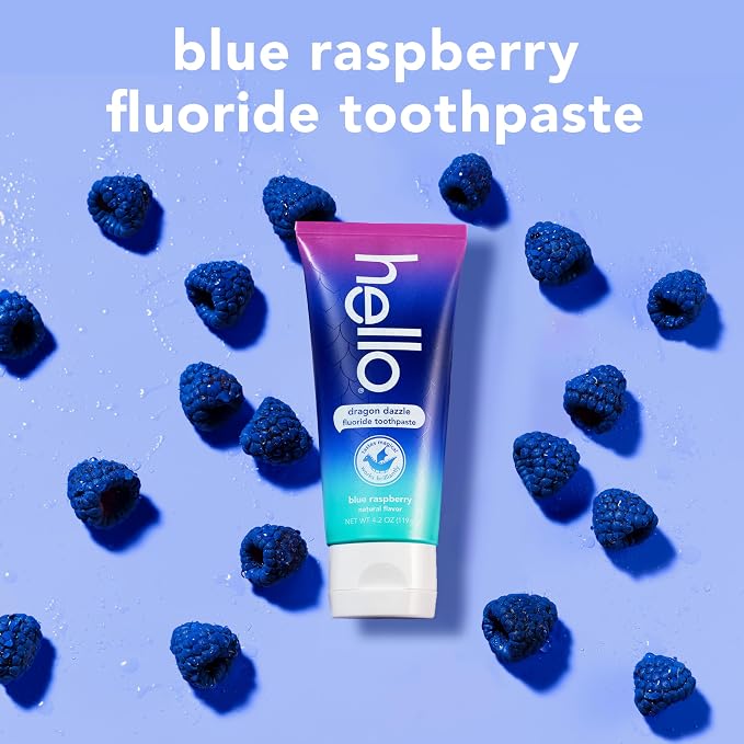 Hello Dragon Dazzle Blue Raspberry Kids Toothpaste, Fluoride Toothpaste, Ages 2+, No Artificial Sweeteners, No SLS, Gluten Free, Vegan, Pack of 12, 4.2 OZ Tubes