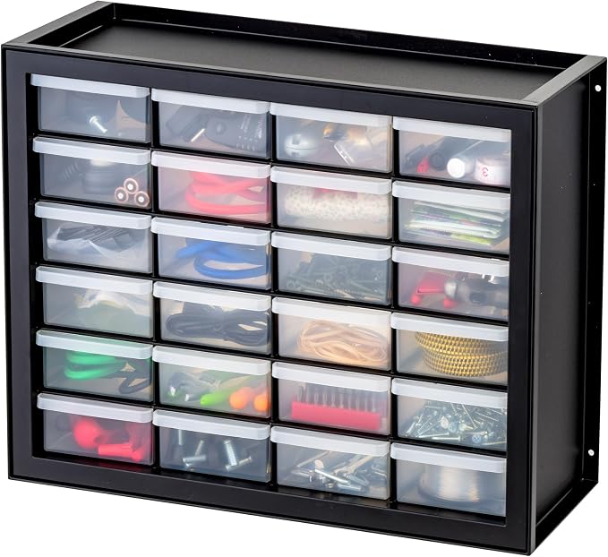 IRIS USA 24-Drawer Plastic Storage Organizer, Made in USA, Teacher Toolbox, Multi Drawer Cabinet For Garage Tools Beads Balloons Building Bricks Crafts Stickers Small Business Scrapbook Art, Black