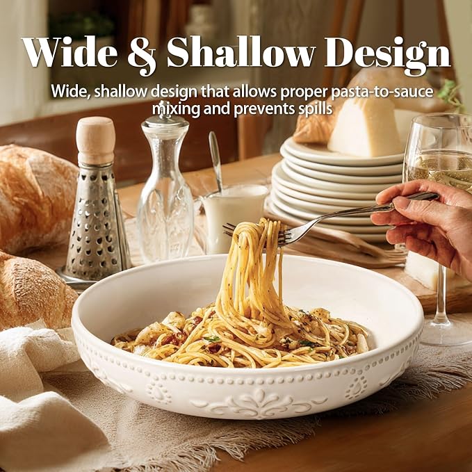 Artena Pasta Bowls, 50oz Large Salad Serving Bowls, 9.75'' Plates Bowls Set of 4, Big White Ceramic Soup Bowls for Kitchen, Embossment Shallow Dinner Bowl, Microwave Dishwasher Safe, Multiple Patterns