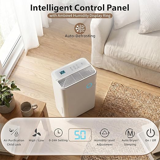 80Pints Dehumidifier with Drain Hose, 5,500 Sq.Ft Dehumidifier for Basement, 5L/1.32 Gallon Tank, Energy Star Cert. 42dB, Humidity Display Ring, Humidity Remover for Home, Bedroom & Bathroom