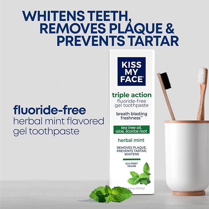 Kiss My Face Triple Action Toothpaste Gel, Herbal Mint Flavor, Removes Plaque, Whitens Teeth, Prevents Tartar, with Tea Tree Oil and Aloe, Fluoride Free, Vegan, 4.5 oz, 6 Pack