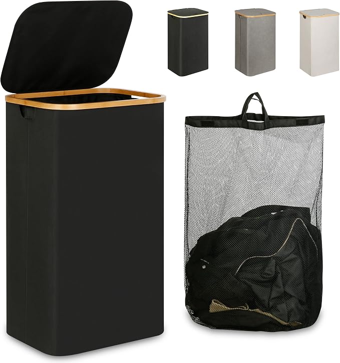 iEGrow Laundry Hamper with Lid, 110L Large Laundry Hamper with Handle and Lid, Collapsible Clothes Basket Organizer with Removable Inner Bag for Clothes Towels - Black